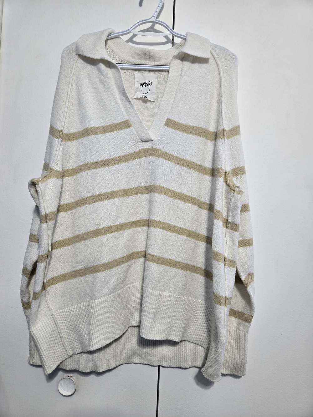 Aerie Oversized Collared Striped Knit Sweater‎ Cream Tan Small